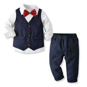 4PC Kids Baby Boy Suit Gentleman Outfits Wedding Formal Vest Tie Shirt Pant Set 