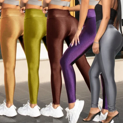 Women's Elastic Shiny Leggings High Waisted Shining Neon Smooth Workout Pants - Image 1 of 4