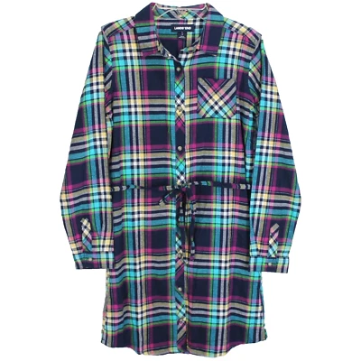 Lands End Flannel Shirt Dress Girls Sz L 14 Blue Pink Plaid Long Sleeve Belted - Image 1 of 4