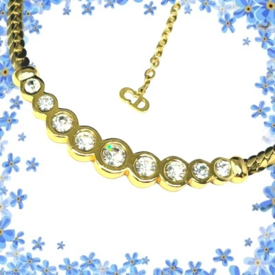 Christian Dior Rhinestone Crystal Chocker Collar Necklace Gold Plate CD Logo Tag - Image 1 of 4