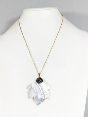Gold Tone Pearl Shell Leaf Gray Crystal Pendant Long Chain Necklace 22 inch - Image 1 of 4