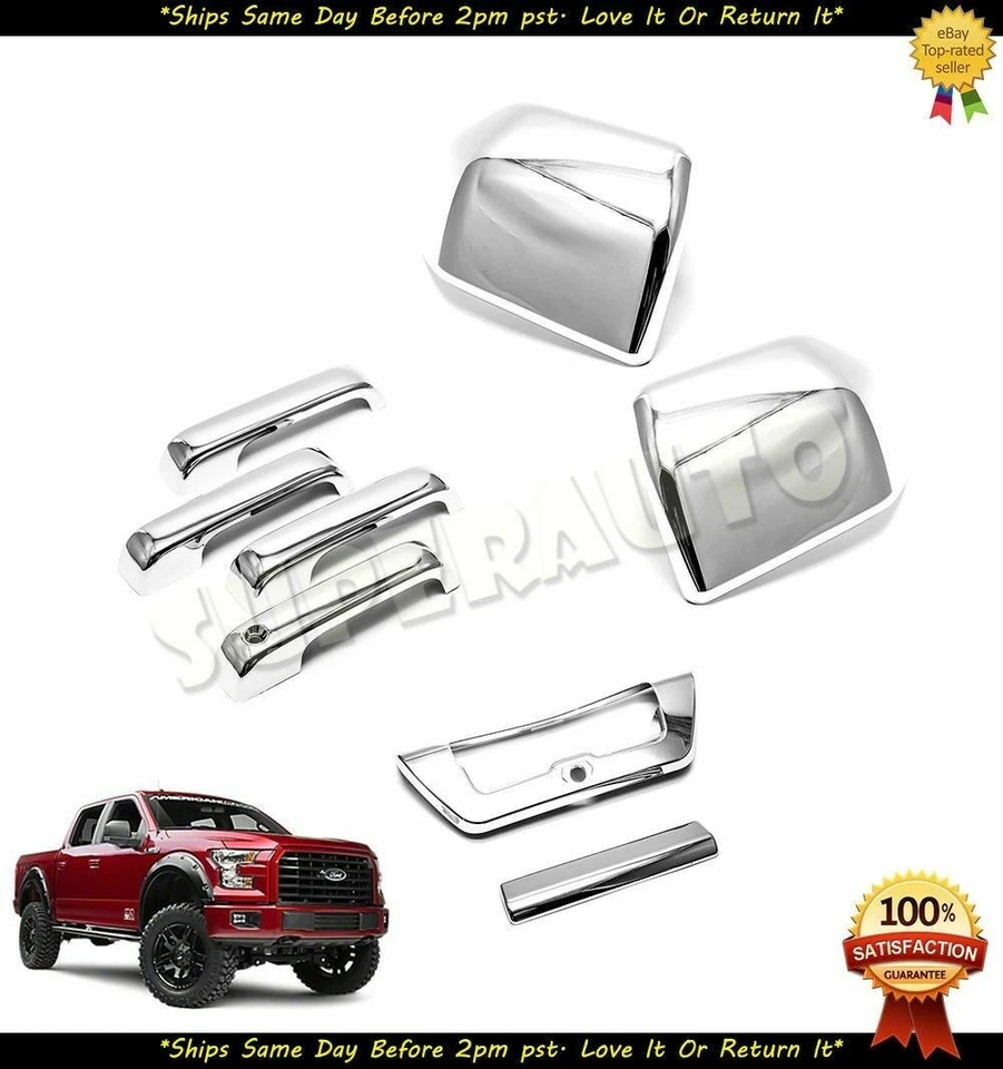 Espejos retrovisores cromados + manijas + cubiertas de puerta trasera para Ford F150 XLT XL 2015-2017 4 PUERTAS TRIPULACIÓN Foto 1 de 1