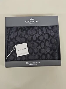 NEW-COACH SIGNATURE BEANIE HAT & SCARF BOXED GIFT SET CHARCOAL/BLACK RETAIL $225 - Picture 1 of 4