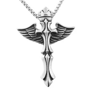 Big Mens Stainless Steel Angel Wings Cross Pendant Necklace For Men Chain - Picture 1 of 5