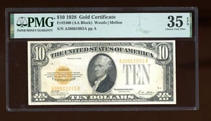 DBR 1928 $10 Gold Certificate Fr. 2400 PMG 35 EPQ Serial A39661093A - Picture 1 of 2