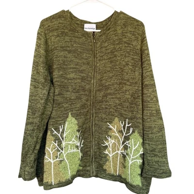 Breckenridge Woman Sweater Womens 1X Green Zip Front Cardigan Embroidered Trees - Image 1 of 4