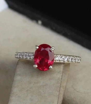Lab Created Ruby Ring Engagement Promise Ring Statement 925 Sterling Silver Ring - Image 1 of 4