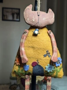 VTG Primitive Folk Art Style Handcrafted Kitty Cat Doll Nature Felt Clay Wire - Picture 1 of 19
