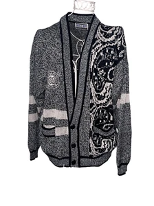 NICE VINTAGE 80s Bugle Boy University Gray Black Cardigan Sweater Mens SIZE Larg - Picture 1 of 10