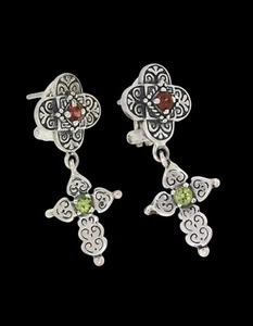 BJC SAMUEL BENHAM Solid Sterling Peridot & Garnet, Dangle Drop Cross Earrings - Picture 1 of 10