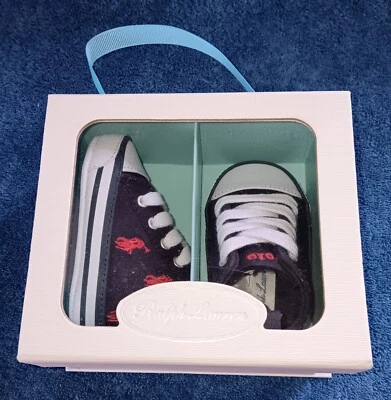 POLO Ralph Lauren BABY Hamptyn NEW MIB Shoes LOGO  Hi Top Sneakers Blue Red Sz 1 - Image 1 of 4