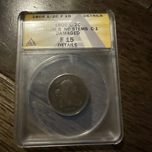 1805 1/2C Half Cent Draped Bust ANACS Fine 12 Details Medium 5 No Stems - Picture 1 of 3