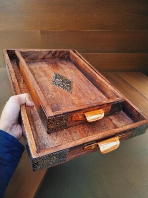 Rustic Wooden Coffee Serving Tray Table, Wood Tray with Handles (Set of 2) Gift - Image 1 of 4