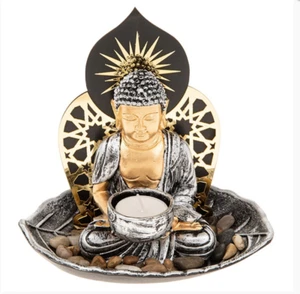 Buddha Meditation Statue with Leaf with Pebbles Tealight & Candle Holder - Picture 1 of 12