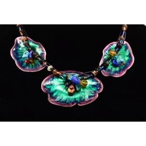 Chico's Statement Necklace Lily Pad Chrome Green Purple Beaded Enamel Bin6A - Picture 1 of 12