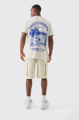 boohooman mens t-shirt ecru & blue oversized saint Tropez print size xs - Image 1 of 4