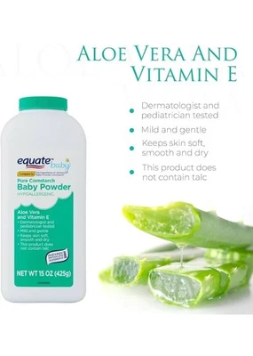Equate Pure Cornstarch Baby Powder Hypoallergenic, Aloe Vera & Vitamin E, 15 oz - Image 1 of 2