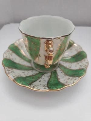 Antique Tea Cup And Saucer 24k Gold Accent With Green Strip Cosmos Nagoya #14108 - Image 1 of 4