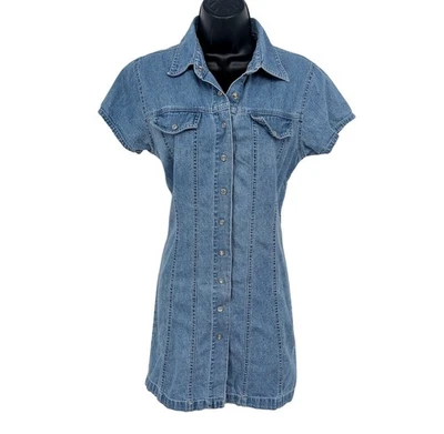 Vintage Xhilaration Denim Shirt Dress Women Size M Pearl Snap Y2K Western Retro - Image 1 of 4