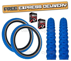 Baldys 20 x 2.125 BMX Mountain Bike BLUE / TAN WALL Knobby Tread TYREs TUBEs - Picture 1 of 17