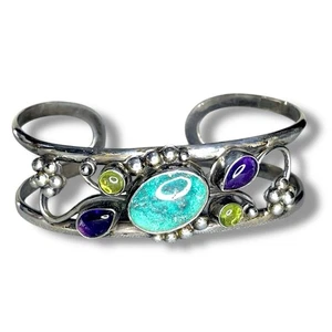Vintage Turquoise, Amethyst & Peridot Sterling Silver Floral Cuff Bracelet - Picture 1 of 10