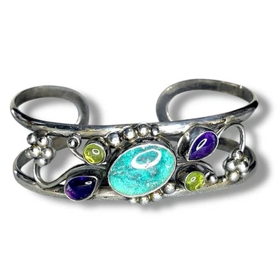 Vintage Turquoise, Amethyst & Peridot Sterling Silver Floral Cuff Bracelet - Image 1 of 4