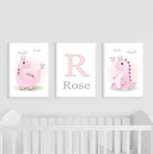Dinosaurier Kinderzimmer Drucke 3er Set, rosa, personalisiert, Mädchen, Kinderzimmer Deko - Bild 1 von 4