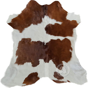 Calfskin Brown and White Calf Hide Cow Skin Cowhide Rug Leather Area Rug, 3X3 Ft