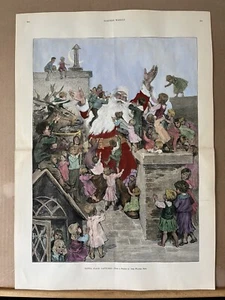 1888 OTTO BECK SANTA CLAUS CHRISTMAS HARPER'S SETTIMANALE COLORATO A MANO 23""x 16"" - Foto 1 di 11