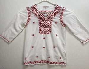 Solitaire Anthropologie Embroidered Large Cotton Top Red White Tunic Boho - Picture 1 of 18