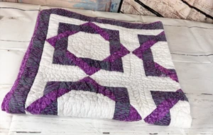 Quilt Purple White Geometric 48 x 46 Handmade White Back Cottagecore Throw Star - Picture 1 of 10
