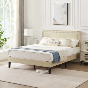 Upholstered Twin/Full/Queen Size Bed Frame Platform with Headboard Wooden Slat - Picture 1 of 106