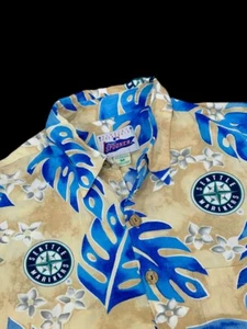 Reyn Spooner Hawaiian Shirt M Medium Men's SS Seattle Mariners Beige Blue - Picture 1 of 6