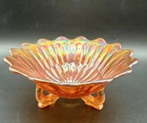 Northwood Vintage Pumpkin Leaf and Beads Three-Footed Iridescent Carnival Glass - Picture 1 of 4