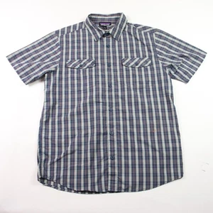 Camisa Patagonia Para Hombres M Azul A Cuadros Con Botones Manga Corta Exterior Senderismo LEER - Imagen 1 de 10