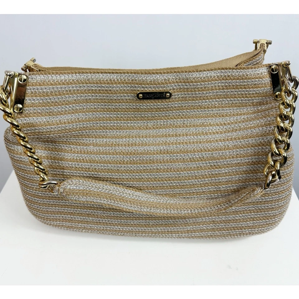 Eric Javits NY Womens Metallic Raffia Double Chain-Link Strap Purse Gold Silver - Image 1 of 4