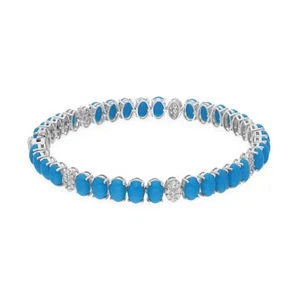 13.60 TCW Oval Turquoise Real H/SI Round Diamond Bracelet 14k White Gold Jewelry - Picture 1 of 9