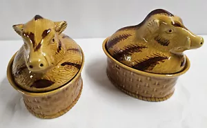 2 Casseruola Portugal Maiolica Ceramica Testa di Cinghiale 6 1/4" Coperte Piatto Porta - Foto 1 di 10