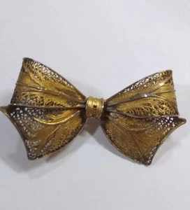 Portugal Filigree Vermeil Sterling Silver BOW Ribbon Pin Brooch 2" Vintage  - Picture 1 of 12