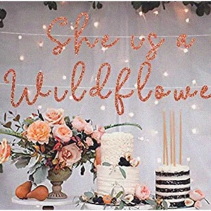 Wildflower Glitter Banner - Pink Party Decorations for Wedding, Birthday - Hangi - Picture 1 of 6