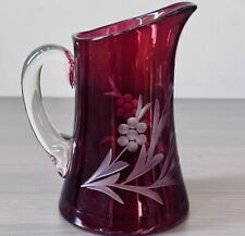 Vintage Deep Cranberry Flash Glass Pitcher Etched Floral Clear Handle 5”H