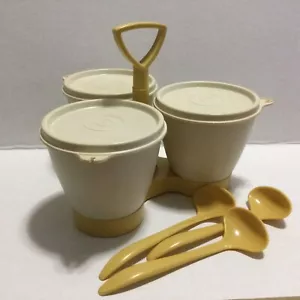 Vtg Tupperware Condiment Caddy Harvest Gold Tan 3 Containers Lids Spoons Used - Picture 1 of 4