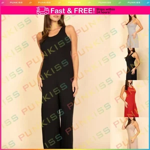 Womens Solid Yoga Sleeveless Tank Wide Leg Jumpsuit Romper Stretchy Activewear - Picture 1 of 21