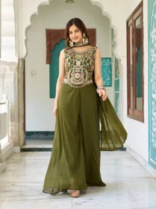 Impresionante Look Estrella Georgette Mehendi Blusa Palazzo Con Dupatta Para Mujer y Niña - Imagen 1 de 13