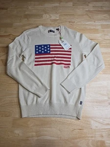 Suéter Chaps Para Hombres Pequeño Tostado Denim Bandera Americana Cuello Redondo Pullover Tejido EE. UU. NUEVO - Imagen 1 de 5