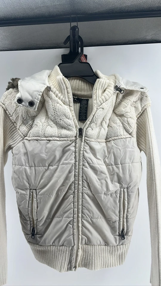 Women's M Puffer Vest Sweater Knit Sleeve Hooded Full Zip - Image 1 of 3