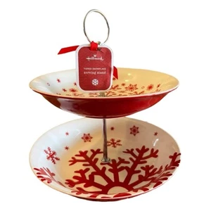 Hallmark 2 Tiered Snowflake Serving Stand - Red & White Ceramic - Christmas - Picture 1 of 8