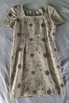 Vintage 10 Liz Claiborne Khaki Black Embroidered Natural Linen Dress EUC Tan - Image 1 of 4