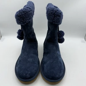 UGG Australia Plumdale Cuff Pom Pom Blue Suede Boots Size 6 Side Zip - Picture 1 of 12
