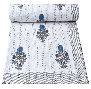 Colcha edredón Kantha estampado de bloques de mano ropa de cama doble 100 % algodón manta - Imagen 1 de 5
